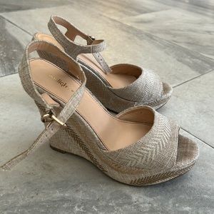 Nude embroidered wedges